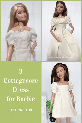 3 Cottagecore Inspired Dress to Sew for Barbie - Maridolli Barbie Peasant Dress Pattern, Fashion Doll Clothes Patterns Free, Simple Barbie Dress Pattern, Barbie Clothes Inspiration, Barbie Doll Dress Patterns Free Sewing, Barbie Dress Sewing Pattern, Simple Doll Dress, Barbie Free Patterns Sewing, Barbie Doll Sewing Patterns Free