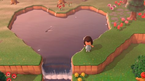 Heart Shaped Pond Animal Crossing, Heart Lake Animal Crossing, Acnh Heart Waterfall, Lake Animals, Pond Animals, Island Theme, Acnh Inspo, Stone Bridge, Island Ideas