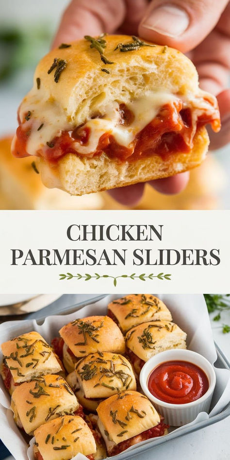 Chicken Parmesan Sliders: a delicious, bite-sized twist on the classic Chicken Parmesan! Crispy chicken, marinara, and melted mozzarella all piled onto soft slider buns—perfect for a fun, tasty meal. Crispy Breaded Chicken, Parmesan Sliders, Chicken Parmesan Sliders, Chicken Marinara, Chicken Sliders, Slider Buns, Mini Sandwiches, Slider Recipes, Party Appetizers