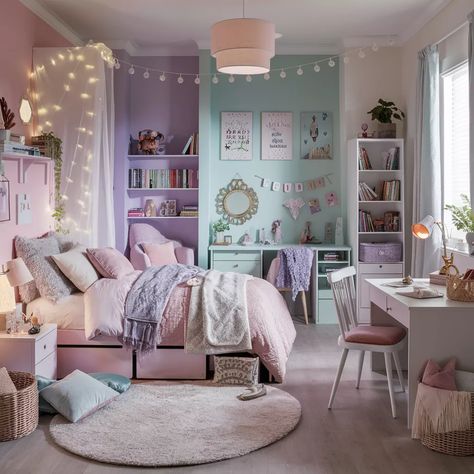 Lavender And Aqua Bedroom, Pink Mint Bedroom, Pastel Bedroom Color Scheme, Room Inspo Aesthetic Purple, Cute Pastel Bedroom Ideas, Lavender And Teal Bedroom, Bedroom Ideas For 7 Year Girl, Lavender Girls Room Bedroom Ideas, Lavender And Blue Bedroom