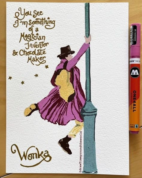 Willy Wonka Drawing, Wonka Drawing, Wonka 2023, Wonka Movie, Willy Wonka Party, Wonka Party, Disney Character Drawings, Alice In Wonderland Illustrations, Pure Imagination