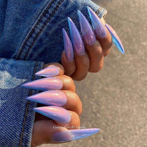 Mylar Nails, Blue Stiletto Nails, Blue Press On Nails, Pastel Pink Nails, Blue Chrome Nails, Stilleto Nails Designs, Hot Nail Designs, Blue Glitter Nails, Chrome Nails Designs