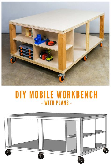 Need a workbench in your garage or workshop? This one is an easy DIY. It is on casters to make it mobile, has storage (and room for more!) and a full video tutorial and build plans. Check it out! Workshop Workbench Ideas, Furniture Workshop Ideas, Work Table On Wheels, Diy Mobile Workbench Plans, Diy Work Table Garage, Diy Workbench Plans How To Build, Garage Island Workbench, Diy Workshop Table, Under Workbench Storage