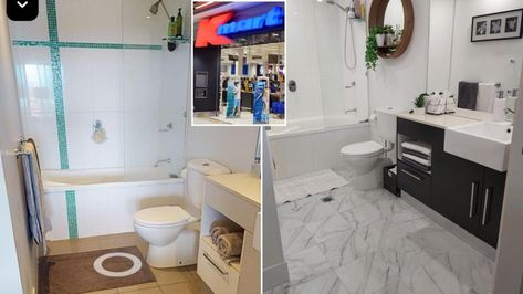 Adhesive Tiles Kmart, Bunnings Bathroom, Kmart Bathroom, Transform Bathroom, Tile Hacks, Kmart Decor, Kmart Australia, Adhesive Floor Tiles, Kmart Home