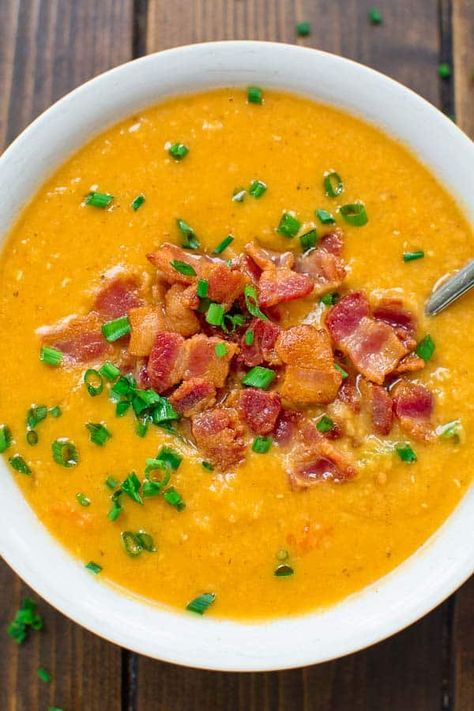 This healthy and tasty Red Lentil Soup with Bacon is vibrantly colorful and aromatic. It is going to keep you warm during the cold weather. #lentils #soup #bacon #winter #recipeoftheday #cooktoria Lentil Soup With Bacon, Ark Recipes, Lentil And Bacon Soup, Slow Cooker Lentil Soup, Bacon Soup Recipes, Tomato Lentils, Soup With Bacon, Slow Cooker Lentils, Bacon Soup