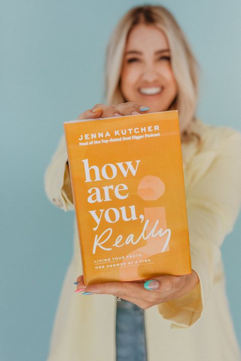 Pre-order Jenna Kutcher's "How Are You, Really?" Book Today! Author With Book Photography, Author Poses With Books, Book Promo Photoshoot, Book Cover Photoshoot, Author Picture Poses, Book Marketing Photos, Author Book Photoshoot, Posing With A Book, Books Photoshoot Ideas