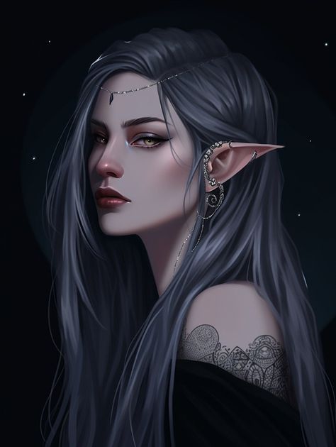 Morally Grey Female Characters, Half Black Half Silver Hair, Elf And Human Couple, Silver Haired Elf, Moon Elf Female Dnd, Dnd Drow Female, Dark Grey Hair, Moon Elf, Female Elf