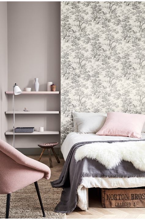 Stag Toile Bedroom - Inspire Me Warm Grey Paint Colors, Warm Gray Paint, Feng Shui Bedroom, Toile Wallpaper, Cosy Bedroom, Grey Paint, Little Greene Paint, Grey Paint Colors, Grey Bedroom