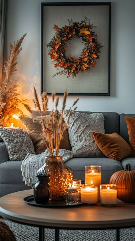 Autumn decorations. Fall decoration. Pumpkins, candles, fireplace, tea. Warm and cozy atmosphere. Halloween decorations. Orange, white, brown, black autumn colors. Fall decor ideas for the home. Fall decor. 2024 autumn decor. Fall decorations for living room and bedroom. Aesthetic fall decor ideas and inspiration. Decorations for autumn. Autumn Living Room Ideas, Fall Living Room Decor Warm Colors, Candles Fireplace, Cozy Fall Living Room, Aesthetic Fall Decor, Autumn Living Room, Home Fall Decor, Fall Table Centerpieces, Decorations For Living Room