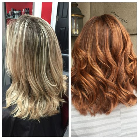 Blonde To Copper Before And After, Blonde To Copper Hair Transformation, Blonde To Auburn Before And After, Blonde To Copper Hair, Blonde To Copper Hair Before And After, Blonde To Red Hair Before And After, Bronze Hair, Ginger Hair Color, Blonde Curls