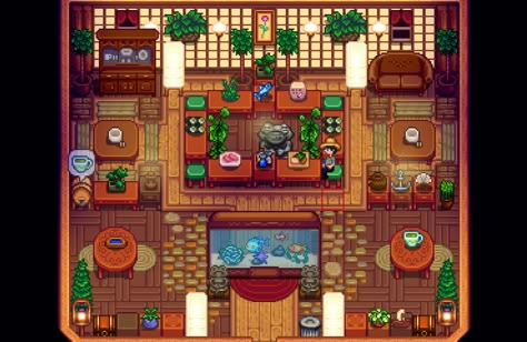 Stardew Valley Decorating The Town, Minecraft Tea Shop, Furniture Mods, Stardew Ideas, Stardew Farms, Stardew Valley Layout, Stardew Valley Tips, Stardew Valley Farms, Organized Clutter