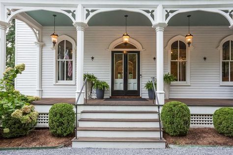 Victorian Farmhouse Exterior, Dramatic Entryway, Open Entryway, Darien Connecticut, Victorian Porch, Victorian Exterior, Folk Victorian, Arch Doorway, Victorian Farmhouse