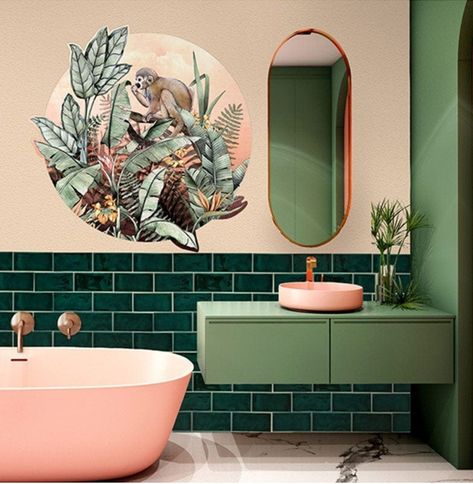 Green And Pink Bathroom, Small Bathroom Renos, Dark Green Bathrooms, Peach Bathroom, Squirrel Monkey, Monkey Wall, Bathroom Shelf Decor, Pink Bathroom, Green Tile