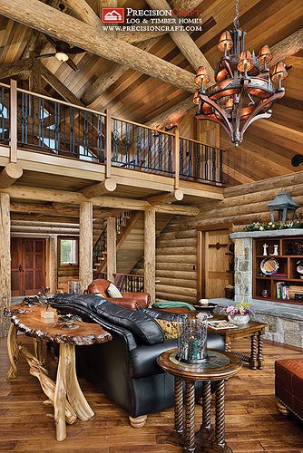 Log Home Great Room & Loft | Maine Log Homes | PrecisionCraft Log Homes Log Home Staircase Ideas, Dramatic Chandelier, Log Houses, Log Cabin Living, Log Home Living, Rustic Homes, Log Home Interiors, Log Cabin Ideas, Real Estat