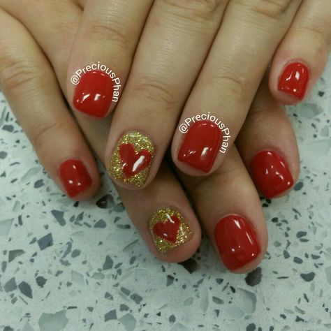 Valentines day nails. Gold and red nails.. hearts Handmade Yellow Gold Jewelry For Valentine's Day, Red Gold Valentine Nails, Yellow Gold Heart Jewelry For Valentine's Day, Valentine's Day Yellow Gold Tarnish-resistant Jewelry, Valentine's Day Yellow Gold Metal Jewelry, Valentine Nail Art, Valentine's Day Nails, Gold Nails, Valentines Nails