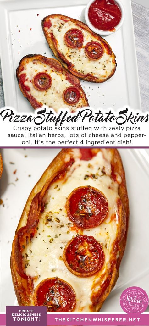 Crispy potato skins stuffed with zesty pizza sauce, Italian herbs, lots of cheese and pepperoni. It’s the perfect 5 ingredient dish! Pizza Stuffed Potato Skins, potato skin pizza, Pizza Potato Skins. uses for potato skins, pepperoni pizza, potato pizza, pizza skins, twice baked potato skins Italian Stuffed Potatoes, Potato Skin Pizza, Pizza Baked Potato, Pizza Potato Skins, Potato Pizza Recipes, Jacked Potatoes, Stuffed Spuds, Sweet Potato Sushi, Baked Potato Pizza