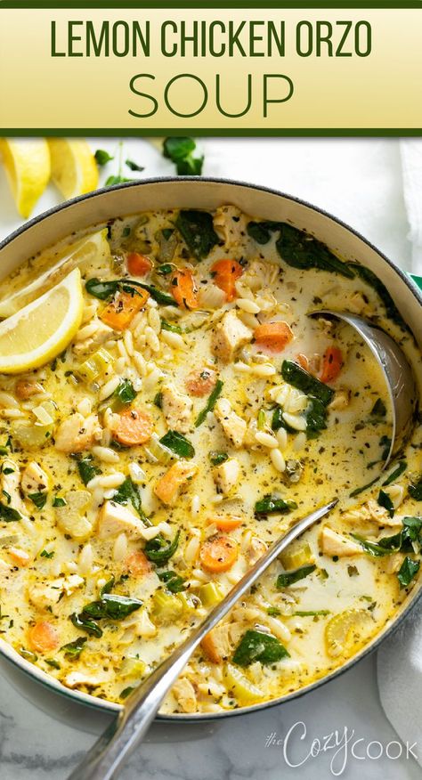 lemon chicken orzo soup with chicken, rice, and a mix of vegetables Lemon Chicken Soup With Orzo, Chicken Soup With Orzo, Creamy Taco Soup, Soup With Orzo, Lemon Orzo Soup, Soup Cozy, Lemon Chicken Orzo, Orzo Soup Recipes, Lemon Soup