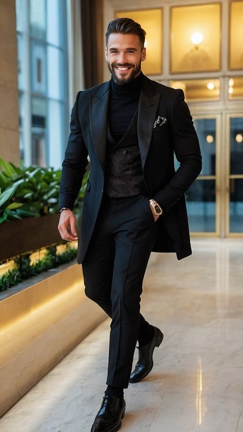 Men Formal Black Outfit, Opera Night Outfit Men, Men Courthouse Wedding Outfit, Mens Black Suit Outfit Wedding, Black Tuxedo For Men Classy, Mens Prom Outfits, Black Suits For Men Wedding Classy, All Black Wedding Guest Outfit Men, All Black Party Outfit Men