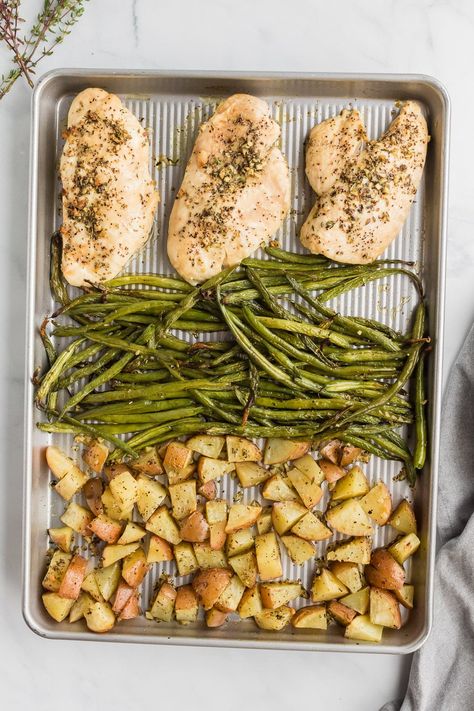 Sheet Pan Chicken and Potatoes With Garlic and Herbs Sheet Pan Dinners Chicken Potatoes, Chicken Breast Sheet Pan Recipes, Sheet Pan Chicken And Potatoes, Chicken Potatoes And Green Beans, One Pan Chicken And Potatoes, Sheet Pan Chicken And Veggies, Pan Chicken Breast, Chicken Sheet Pan Dinner, One Pan Recipe