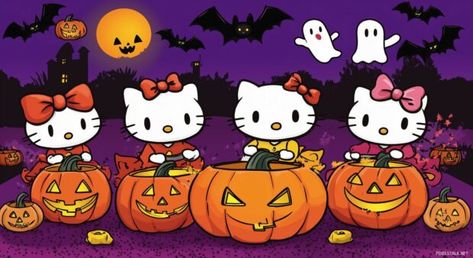 Hello Kitty and friends carving pumpkins, with Halloween decorations like ghosts and bats hanging around them. Hello Kitty Halloween Wallpaper, Halloween Desktop Wallpaper, Carving Pumpkins, Halloween Wallpapers, Hello Kitty And Friends, Hello Kitty Halloween, Hello Kitty Backgrounds, Halloween Banner, Kitty Wallpaper