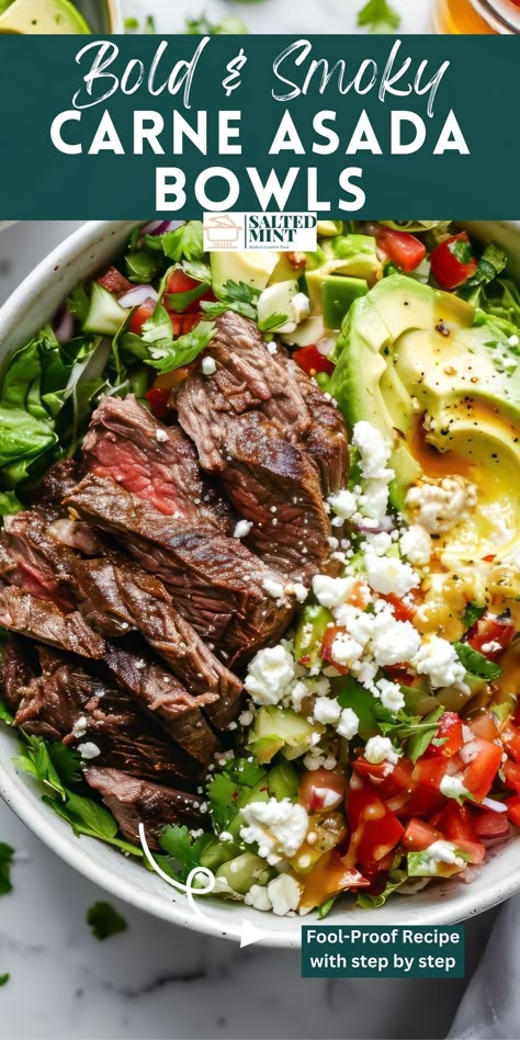 Try these Carne Asada Bowls, featuring grilled steak marinated in lime and Mexican spices. A healthy, easy dinner perfect for family BBQs. Healthy Man Meals, Healthy Carne Asada Recipes, Carne Asada Salad Recipes, Healthy Summer Dinner Recipes Beef, Healthy Steak Dinner Ideas, Carne Asada Sides, Healthy Steak Dinner Recipes, Carne Asada Bowls, Carne Asada Salad