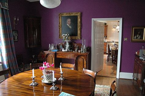 Purple walls really bring out the warmth of the wood. Plum Dining Room, Purple Dining, Strange Decor, Purple Dining Room, Dining Room Colors, Purple Decor, Purple Walls, Wood Trim, Room Colors