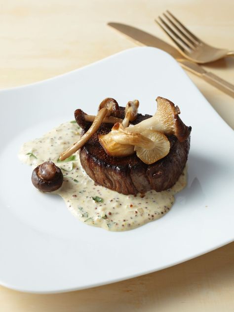 Filet Mignon with Mustard Cream and Wild Mushrooms recipe from Food Network Kitchen via Food Network Wild Mushroom Recipes, Beef Fillet, Cibo Asiatico, Decorações Com Comidas, Fine Dining Recipes, Munnar, Wild Mushrooms, Deilig Mat, Mushroom Recipes