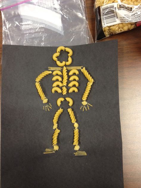 Noodle skeleton Pasta Skeleton, Joy School, Skeleton Craft, Halloween Pasta, Human Body Unit, Halloween Songs, Skeletal System, Halloween Preschool, Kindergarten Ideas