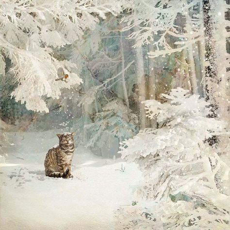 Snow Cat, Christmas Landscape, Winter Cat, Bug Art, Winter Illustration, Winter Animals, Art Japonais, Winter Art, Naive Art