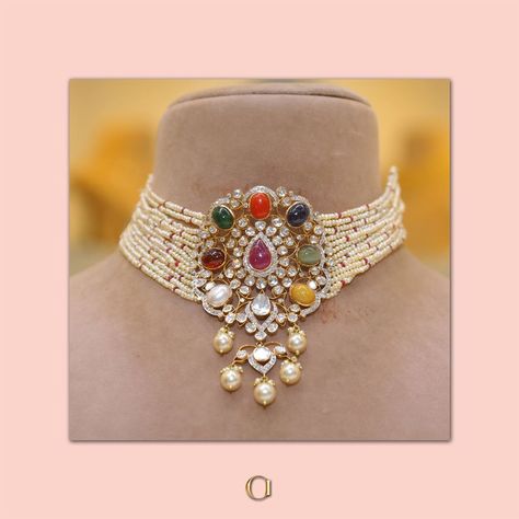 Navaratna Choker Gold, Uncut Stone Jewelry, Navaratna Pendants Gold, Navratan Pendant Set, Navaratna Choker, Beads Choker Necklace Indian, Navaratna Pendants, Pearl Choker Necklace Design, Nac Jewellers