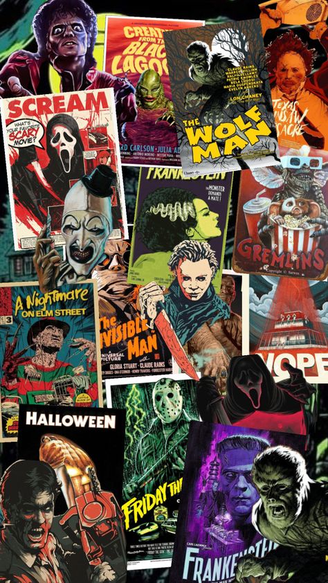 Horror Screen Savers, Halloween Slasher Wallpaper, Horror Movies Collage, Slasher Background, Slasher Wallpaper Aesthetic, 80s Horror Aesthetic Wallpaper, Slasher Aesthetic Wallpaper, Classic Horror Movies Aesthetic, Horror Collage Wallpaper