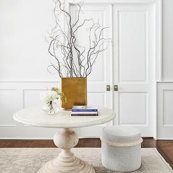 Round Entry Table, Erin Gates Design, Wainscoting Wall, White Wainscoting, Chicago Interior Design, Herringbone Wood Floor, Table Entryway, Blue Ceilings, Glass French Doors