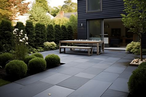 23 Bluestone Patio ideas: Landscape Design Photos Modern Bluestone Patio, Dark Pavers Patio, Pennsylvania Bluestone Patio, Concrete Slab Patio Ideas, Slate Patio Ideas, Bluestone Patio Ideas, Modern Backyard Patio, Blue Stone Patio, Slate Pavers