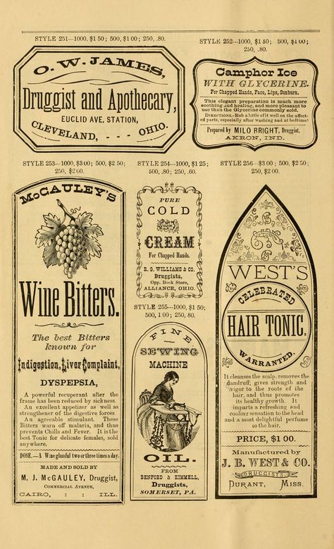 New sample book of cut and gummed druggists' labels._ 1874 Apothecary Vintage, Vintage Labels Printables, Ephemera Printables, Inspiration Typographie, Halloween Journal, Apothecary Labels, Etiquette Vintage, Vintage Journal, Printable Labels