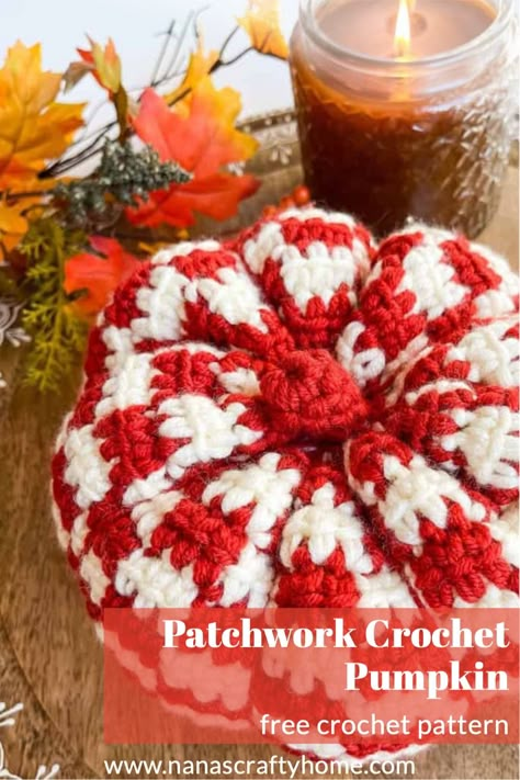 The Checkered Patchwork Pumpkin is a free and easy pattern by Nana's Crafty Home! This pumpkin works up quickly in bulky yarn with a unique and easy variation of the double crochet stitch in seamless, joinless rounds! Granny Square Pumpkin Pattern Free, Pumpkin Granny Square Pattern Free, Crochet Checkered Pumpkin, Striped Pumpkin Crochet, Crochet Granny Stitch Pumpkin, Plaid Pumpkin Crochet Pattern, Crochet Textured Pumpkin Pattern, Crochet Pumpkin Super Bulky Yarn, Thanksgiving Crochet Patterns