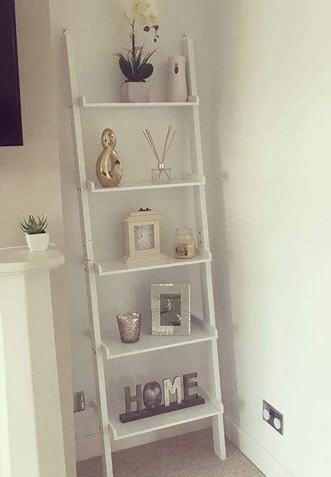 Ladder Shelf Decor Entryway, White Ladder Shelf Decor, How To Decorate A Ladder, White Ladder Shelf, Ladder Shelf Decor, Tall Shelves, Ladder Bookshelf, White Shelves, Ladder Shelf