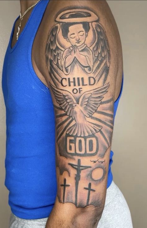 Tattoo On Upper Arm For Man, Mom Chest Tattoo, Shoulder Tattoos Quotes, Meaningful Shoulder Tattoo Men, Full Shoulder Tattoo Men, Tattoo Ideas For Men Upper Arm, Shoulder Sleeve Tattoo Men, Upper Shoulder Tattoo Men Half Sleeves, Shoulder Tattoo Black Men