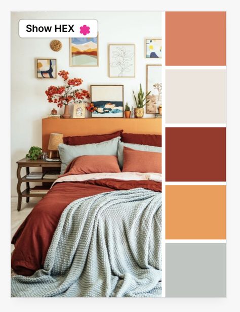 Bedding Color Schemes, Orange Color Schemes, Bedroom Colour Palette, Rustic Headboard, Color Palette Yellow, Bedroom Orange, Bedroom Red, Orange Walls, Red Curtains