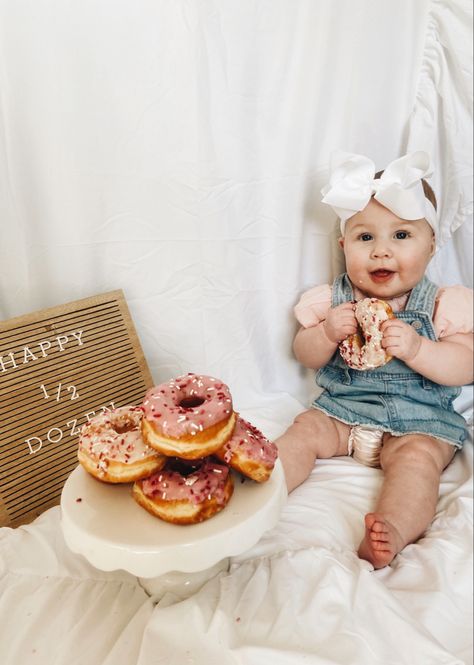 Half Way To A Dozen Photoshoot, March 6 Month Pictures, Half Way To One Donut Photoshoot, Six Month Old Photo Shoot Ideas, Sweet 6 Months Photoshoot, 6 Month Donut Pictures, Two Month Photoshoot, 6 Month Old Half Birthday Ideas, 6 Month Photoshoot Theme