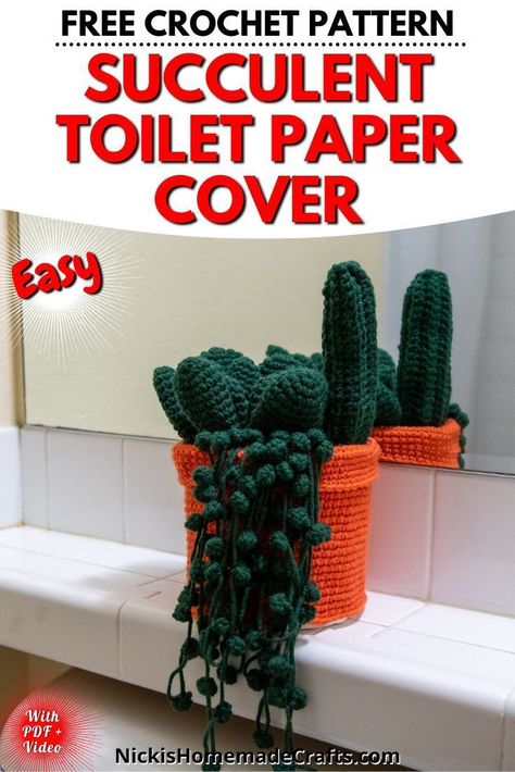 This toilet paper roll cover looks like a terracotta pot, filled with three types of crochet succulents. It includes a cactus, a round succulent with layers of leaves, and one with dangling tendrils. This pattern is a great way to level up your crochet skill level. You'll practice making several different textured crochet stitches, all made with single crochet. Get the pattern and video tutorial from Nicki's Homemade crafts! #crochetgiftideas #crochetsucculentsfreepattern Toilet Roll Cover, Crochet Toilet Roll Cover, Tall Succulents, Toilet Paper Cover, Crochet Succulent, Kitchen Crochet, Interesting Shapes, Crochet Deer, Crochet Cactus