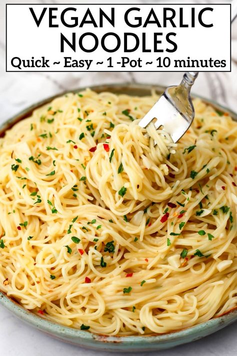 These quick and easy vegan garlic noodles are made in 1-pot in less than 10 minutes with just a few basic ingredients. They will be the easiest, yet most delicious noodle dish you ever make! These buttery dairy-free noodles are perfect for an easy weeknight dinner or lunch for the kids! Perfect for camping and backpacking too! thehiddenveggies.com Easy Vegetarian Recipes Dairy Free, Easy Vegan Noodle Recipes, Non Dairy Noodle Recipes, Vegan Quick Dinner Recipes, Simple Recipes For Dinner Vegetarian, Lentil Noodles Recipe, Dairy Free Entrees, Easiest Vegan Dinner, Vegan One Pot Meals Healthy