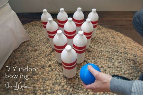 Indoor bowling can be fun for all ages! Diy Bowling Game, Diy Bowling Pins, Indoor Bowling, Kid Games Indoor, Diy Bowling, Diy Kids Games, Diy Dish, Bowling Games, Christmas Games For Kids