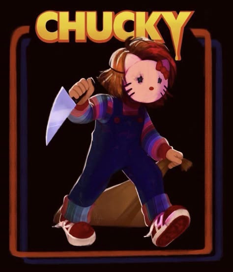 Chucky Hello Kitty, Hello Kitty Chucky, Chucky Drawing, Chucky Movies, Chucky Horror Movie, Childs Play Chucky, Scary Movie Characters, Horror Villains, Bride Of Chucky