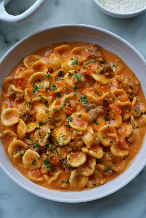 Sausage & Peppers Orecchiette Sausage Orecchiette Pasta, Orcchettie Pasta Recipes, Spicy Italian Sausage Recipes, Orecchiette Pasta Recipes, Sausage And Peppers Pasta, Sausage Parmesan, Family Dinner Night, Sausage Peppers, Red Sauce Pasta