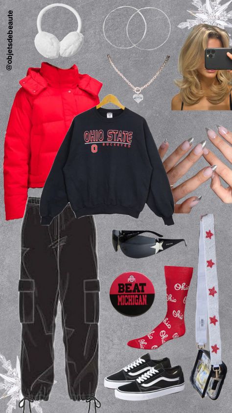 Ohio State Buckeyes Outfits Woman, Osu Football Game Outfit, Osu Gameday Outfit, Ohio State Game Day Outfit, Winter Gameday Outfit, Osu Game, Outfit Wallpaper, Ohio State Outfit, Gameday Fits