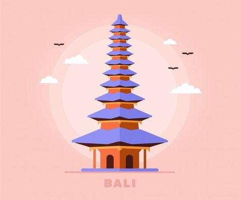 Bali tourism temple holiday travel of in... | Premium Vector #Freepik #vector #building #sky #flat #architecture Flat Architecture, Travel Theme Decor, Vector Building, Cartoon Building, Water Temple, Temple Pictures, Traditional Building, Chinese Art Girl, Travel Sketches