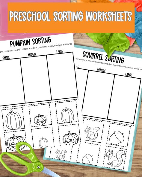 Preschool fall themed sorting worksheets. Pumpkin Sorting and Squirrel and acorn sorting by sizes. Preschool Sorting, Fall Themed Activities, Pumpkin Activities Preschool, November Lesson Plans, Pumpkins Preschool, Worksheets For Preschoolers, Shape Activities Preschool, Preschool Fall, Pumpkin Activities