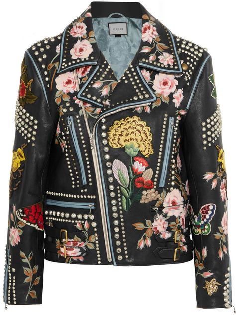 Gucci Rose and Flower Embellished Black Leather Biker Jacket Embroidered Leather Jacket, Georgina Chapman, Cl Fashion, Gucci Jacket, Studded Leather Jacket, Gucci Floral, Jackets Black, British Women, Studded Jacket