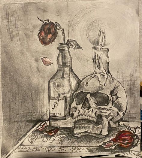 Skeleton head, art, sketch.. Esther T. or Esta T. Skeleton Still Life, Shattered Drawing Ideas, 2 Dimensional Art Drawing, Sketch Ideas Skeleton, Skull Art Drawing Pencil, Skull Drawing Aesthetic, Shakespeare Sketch, Skeleton Drawing Aesthetic, Dark Draw Ideas Sketch