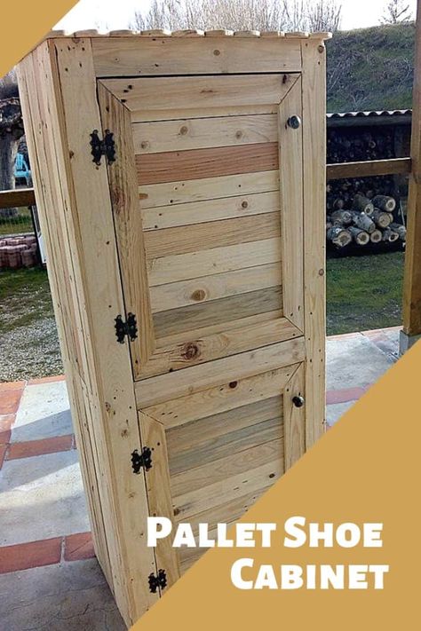 I built this shoe cabinet out of pallet wood only. It took me two days to built it.    Dimensions of the shoe cabinet: 150cm x 60cm x 40cm                      #PalletCabinet, #PalletShoesRack, #RecyclingWoodPallets #PalletCabinetsWardrobes Armoire Repurpose, Pallet Cabinets, Upcycle Wood, Repurpose Pallets, Small Pallet, Pallet Cabinet, Outdoor Cabinet, 1001 Pallets, Pallet House